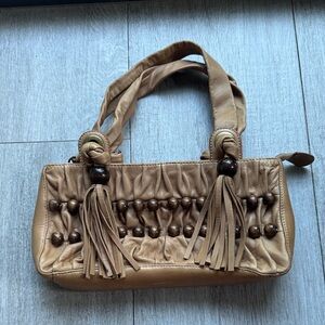 BCBGMaxAzria Wood Tan Leather Shoulder Bag with Tassel Detail Vintage 2000s